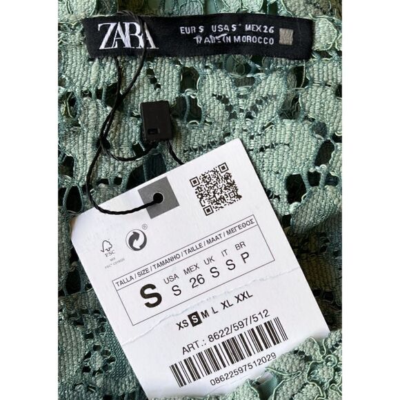 NWT Zara Green Lace V-Neck Short Sleeve Front Slit Hem Midi Dress, Size Small - Picture 13 of 16